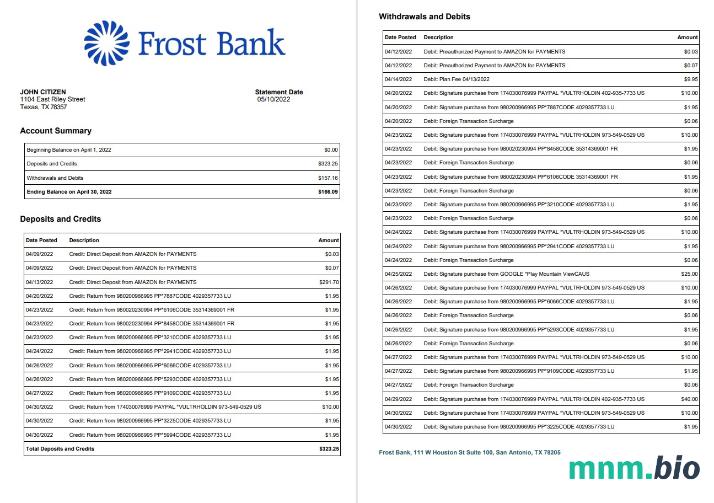 USA Frost wyciąg bankowy szablon Worda i PDF